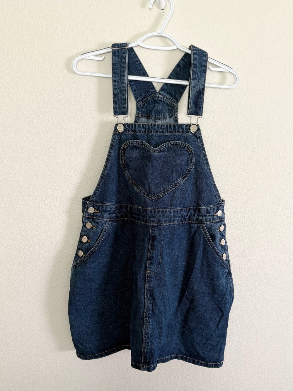 Shiny by Nature Women's Blue Denim Heart Overall Dress Cotton Pockets Size XS